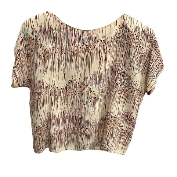 Y2K Artsy Short Sleeve Blouse Abstract Grass Print Beige Multicolor Top - Picture 2 of 7